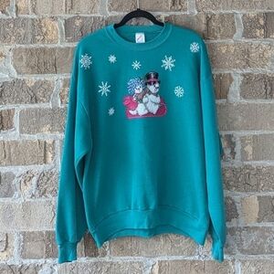 Vintage 80s Jerzees Handstitch Christmas Snowman Snowflake Sweatshirt Large Teal